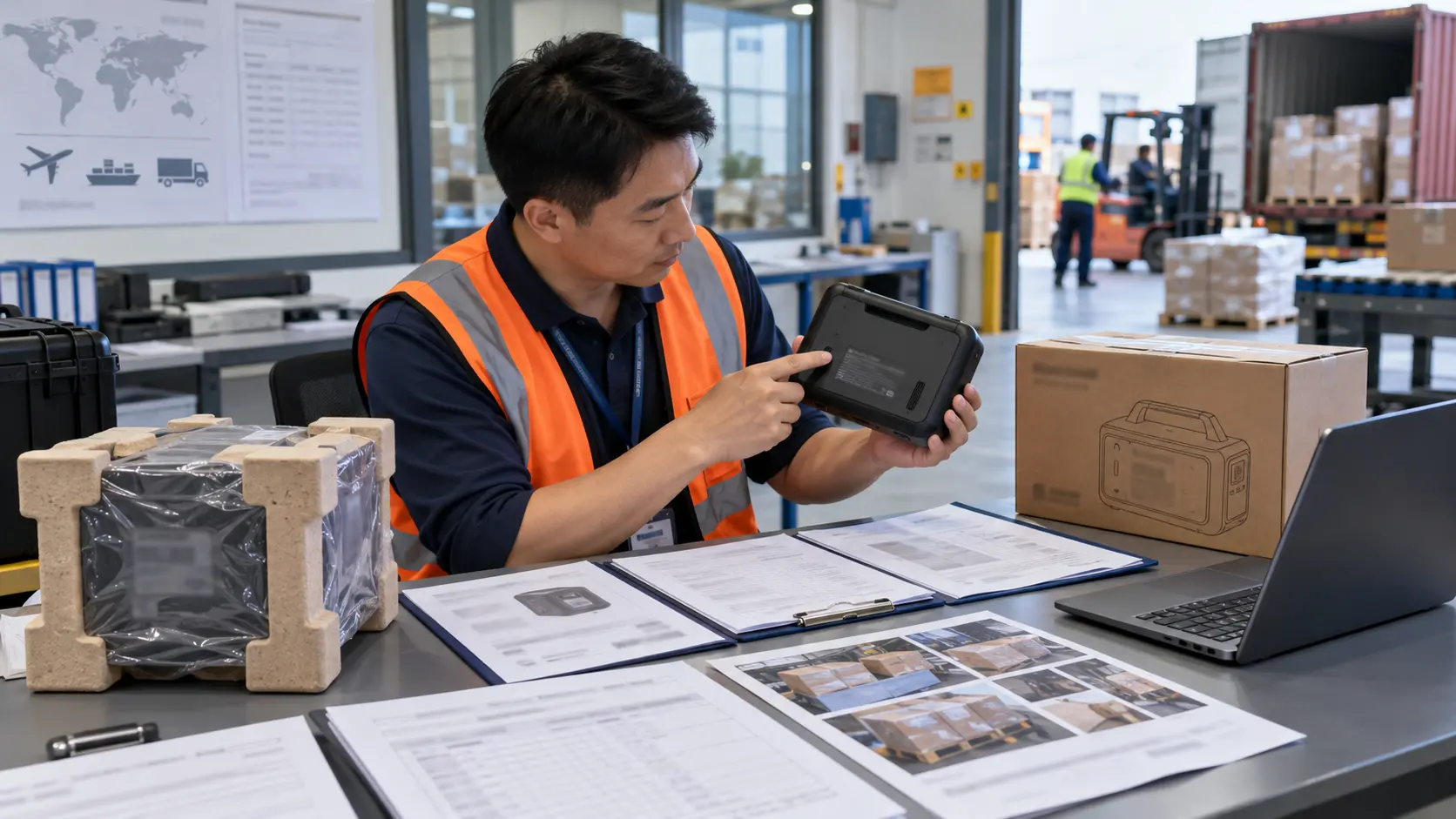 China logistics specialist checking battery cargo documents, labels and packaging