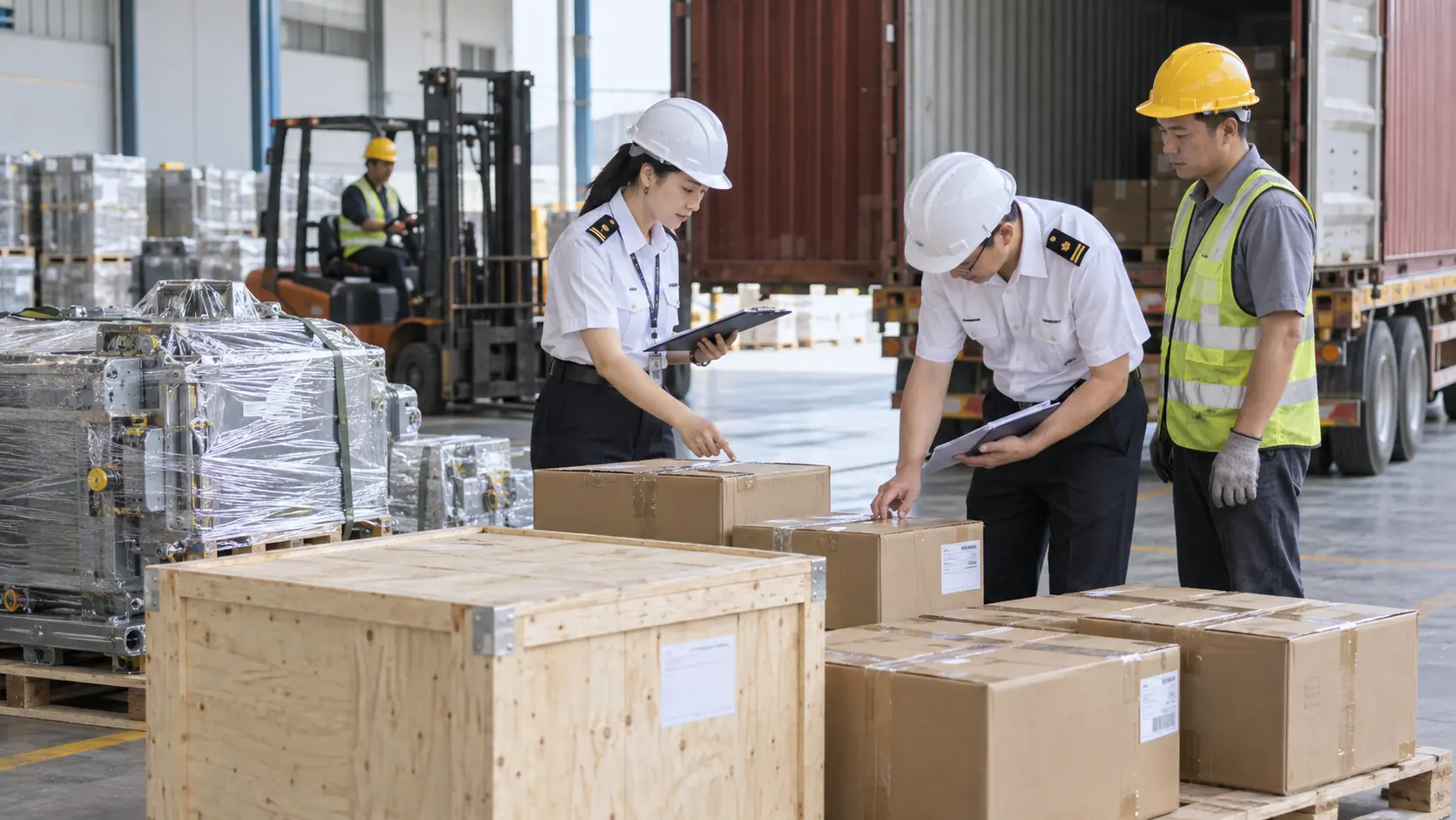 Customs and carrier staff inspecting accurately declared export cargo before loading