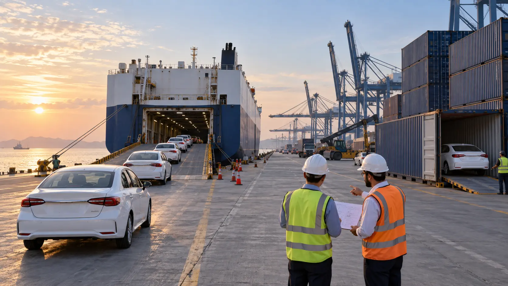 RoRo and container shipping options for cars at a Chinese export terminal