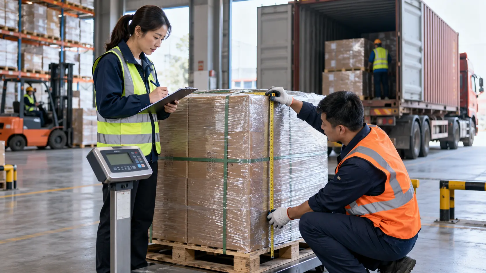 China warehouse team measuring and receiving export cargo for door-to-door shipping
