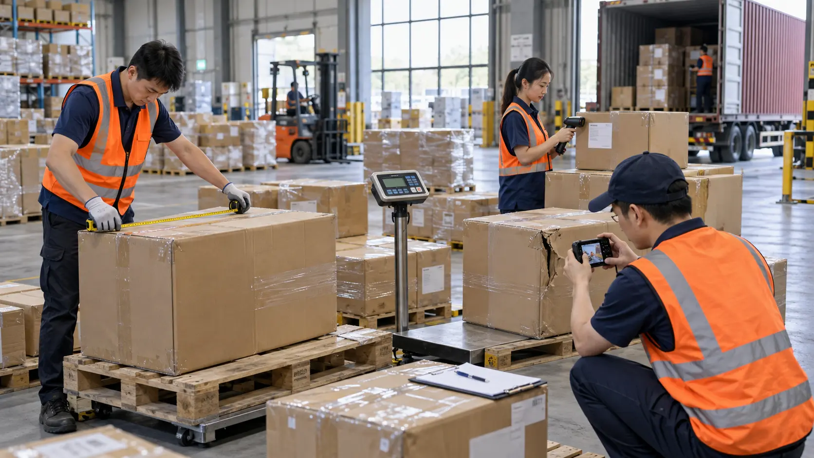 China export warehouse checking cargo dimensions, labels and visible damage