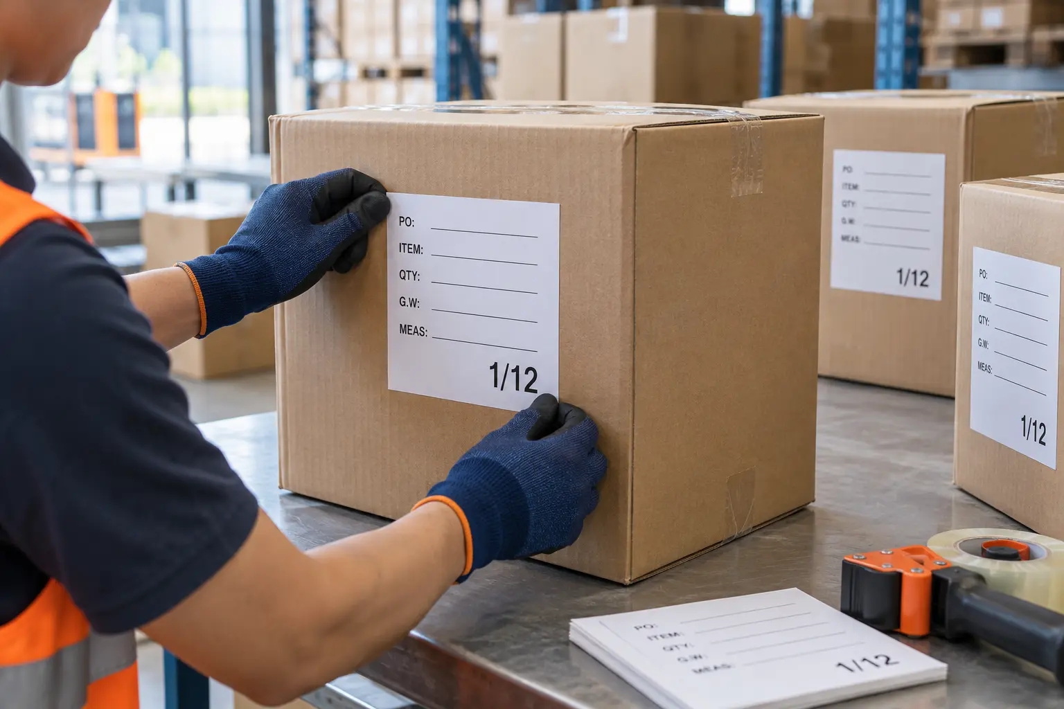 Warehouse worker placing a carton sequence shipping mark on a flat visible side of an export box