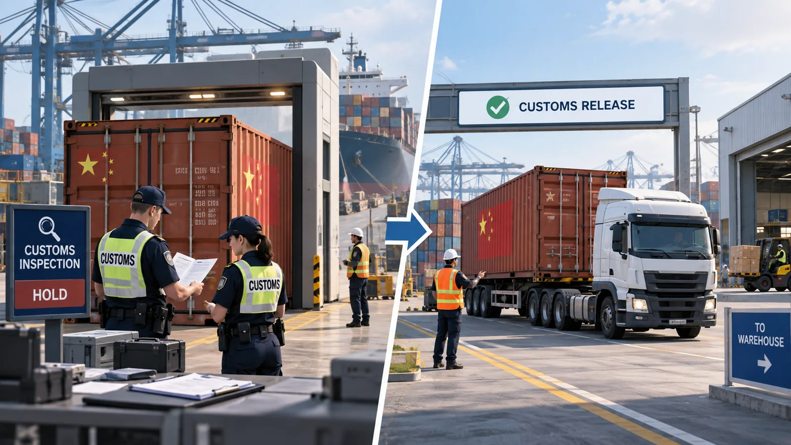 Shipping container under customs inspection before release and delivery from port