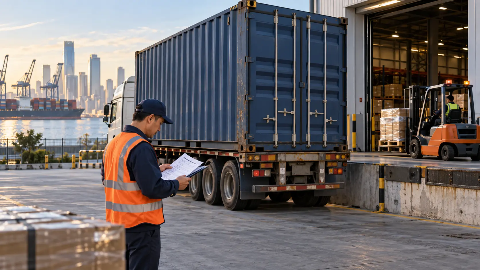 Container delivery arriving at an importer warehouse with unloading equipment prepared