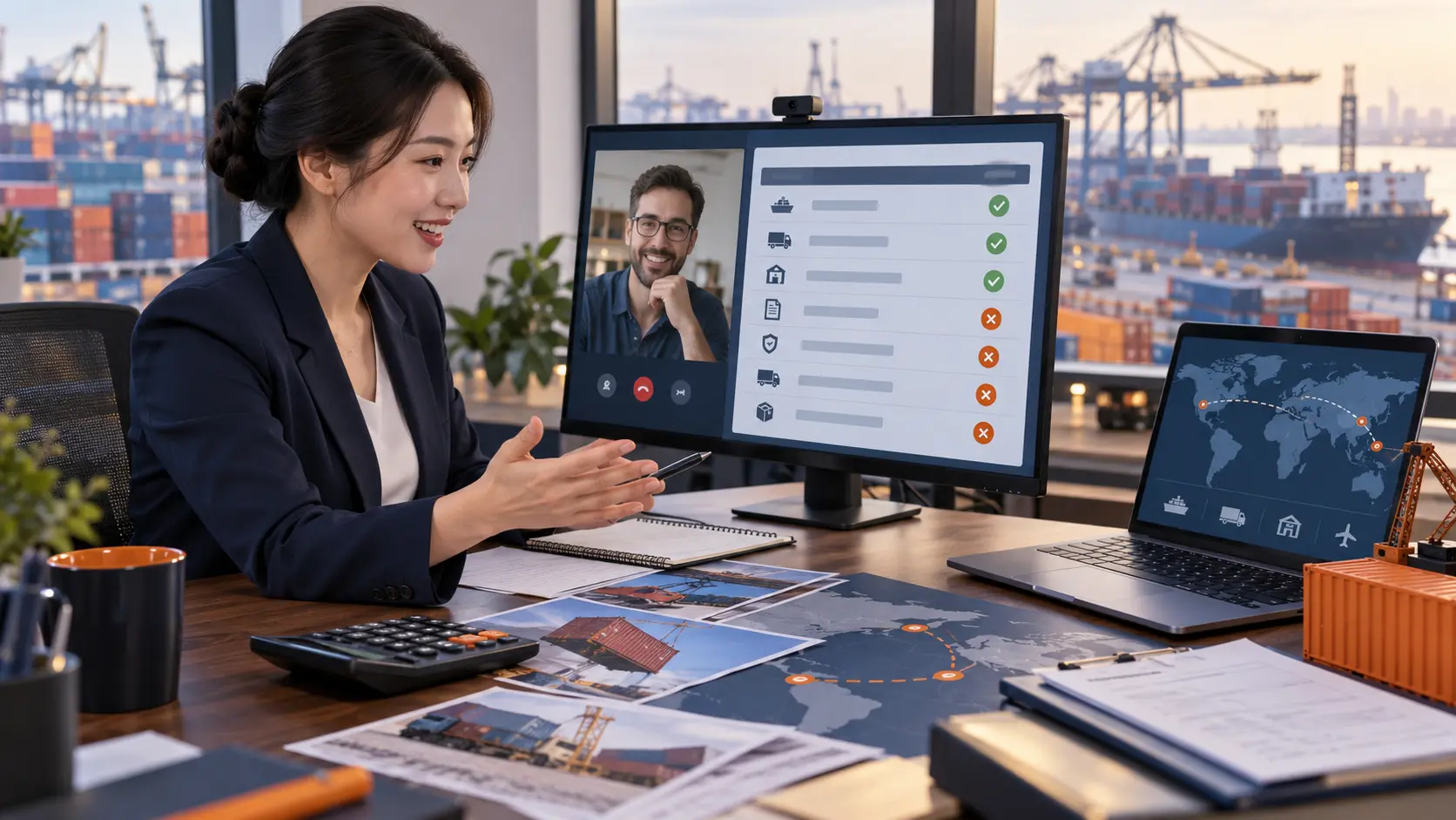 China freight coordinator reviewing included and excluded door-to-door quotation items with an overseas importer