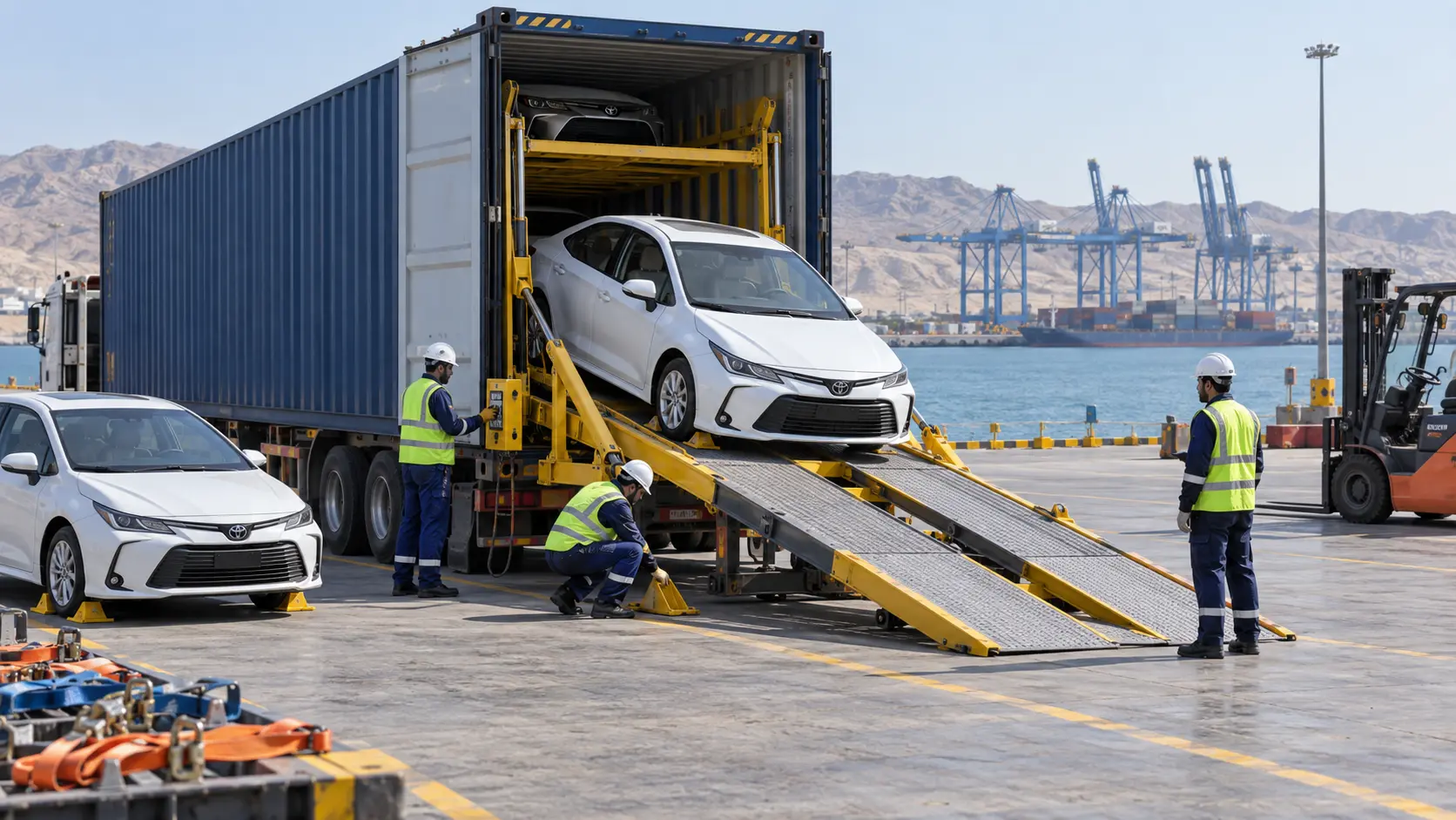 Vehicle rack unloading at Duqm