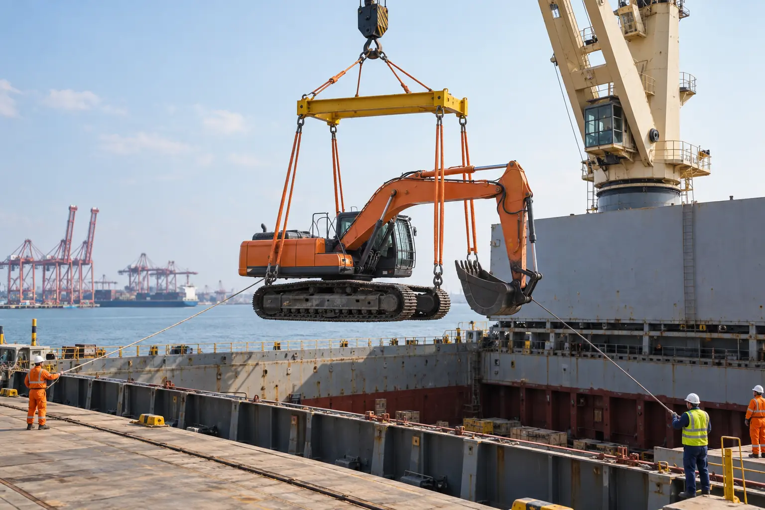 Tracked excavator lifted into a breakbulk vessel using a spreader and engineered lifting arrangement