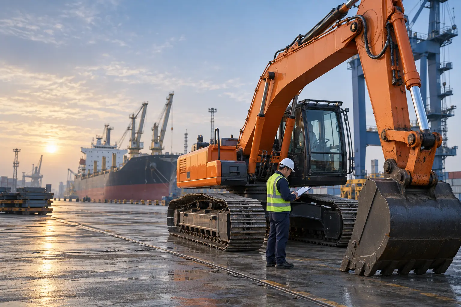 Heavy excavator inspected at a Chinese port before shipment to Costa Rica