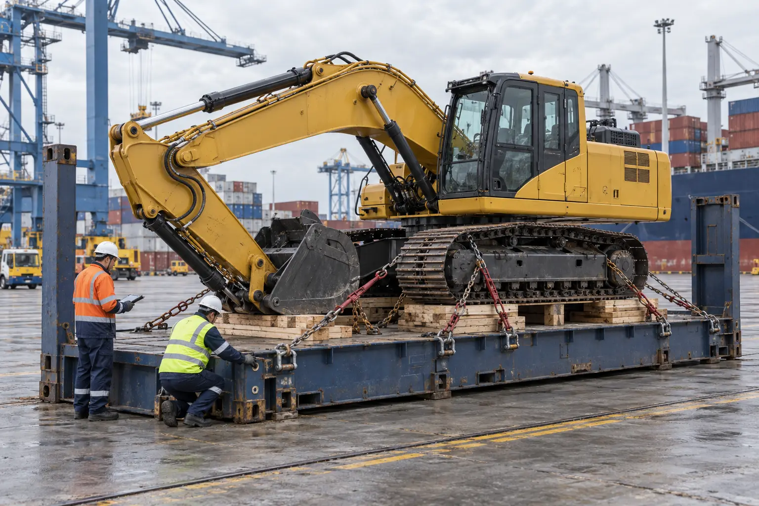 Heavy excavator secured to an out-of-gauge flat rack with dunnage, chains and tensioners