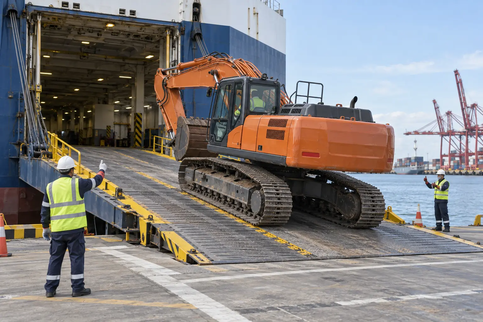 Operational tracked excavator entering a RoRo vessel under terminal supervision
