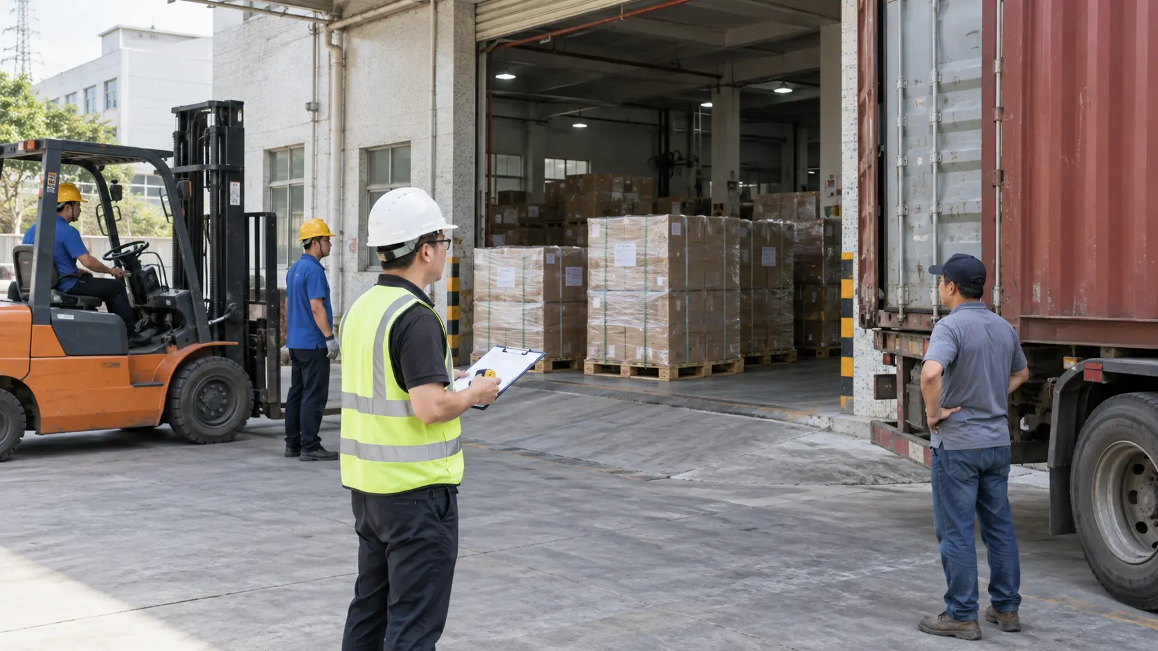 China freight coordinator checking cargo and loading conditions for an EXW factory pickup