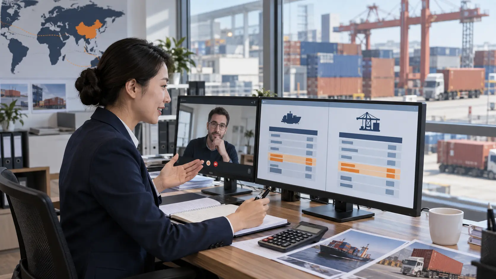 Freight coordinator comparing itemized EXW and FOB costs with an overseas importer