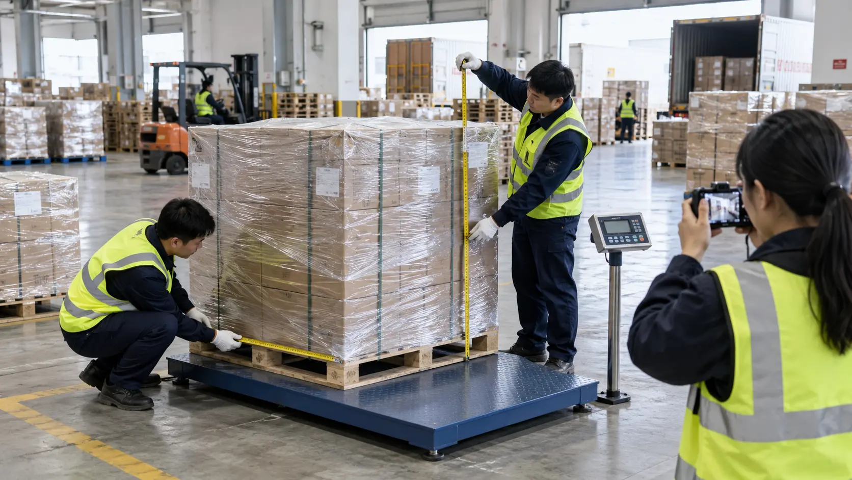 Warehouse staff measuring the final external dimensions of a palletized shipment