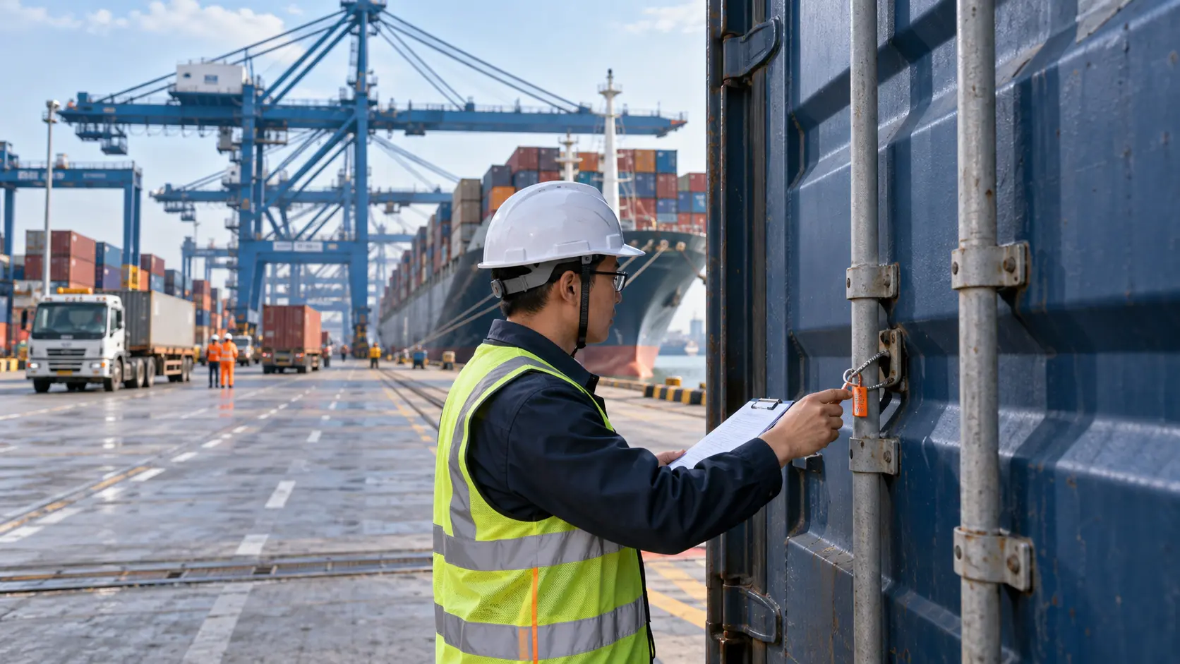 Export logistics professional checking a sealed container at a Chinese port under an FOB shipment