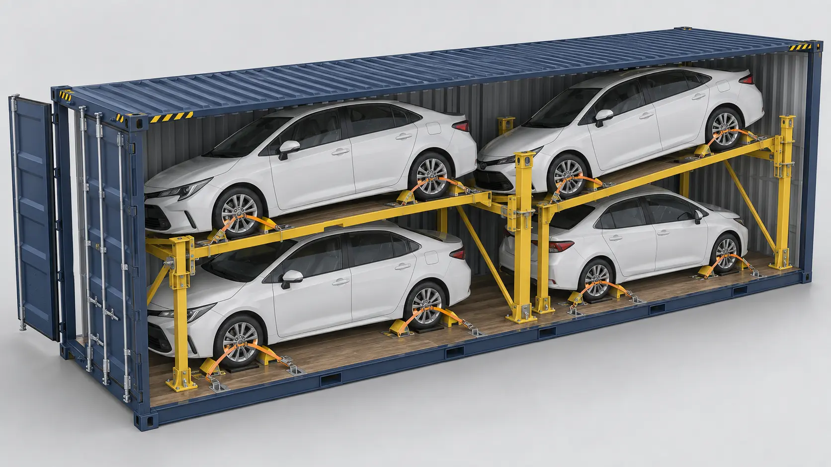 Conceptual four-car automotive rack arrangement inside a 40HQ
