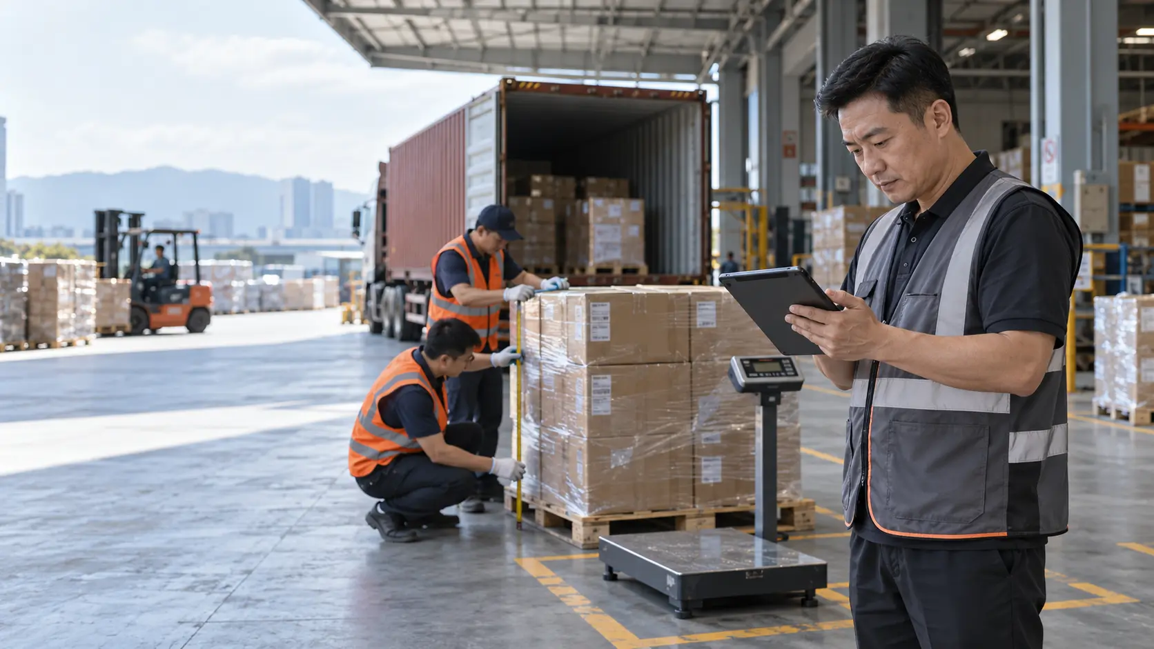 China freight forwarder comparing a supplier packing list with measured export cargo