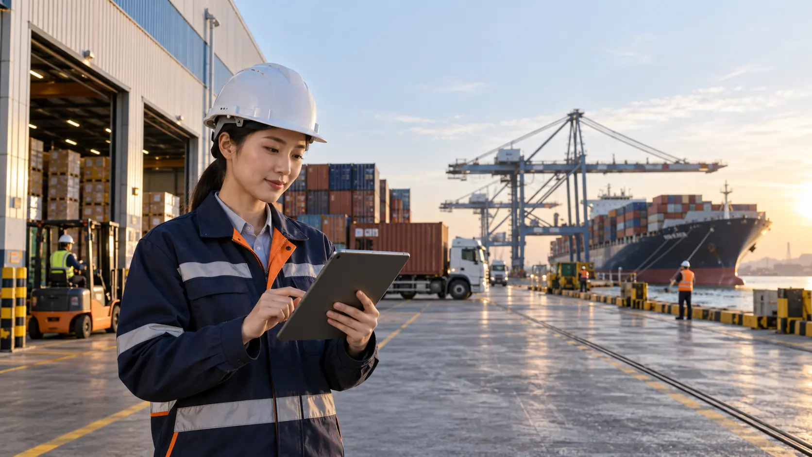 China freight forwarding specialist coordinating an export shipment at a container terminal