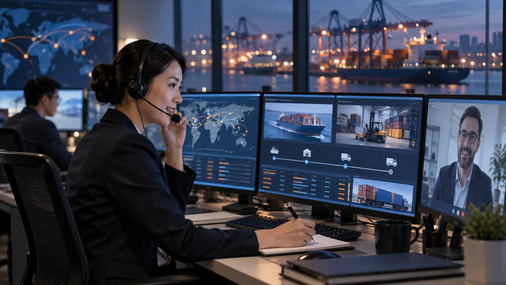 China logistics control desk maintaining shipment milestones and importer communication