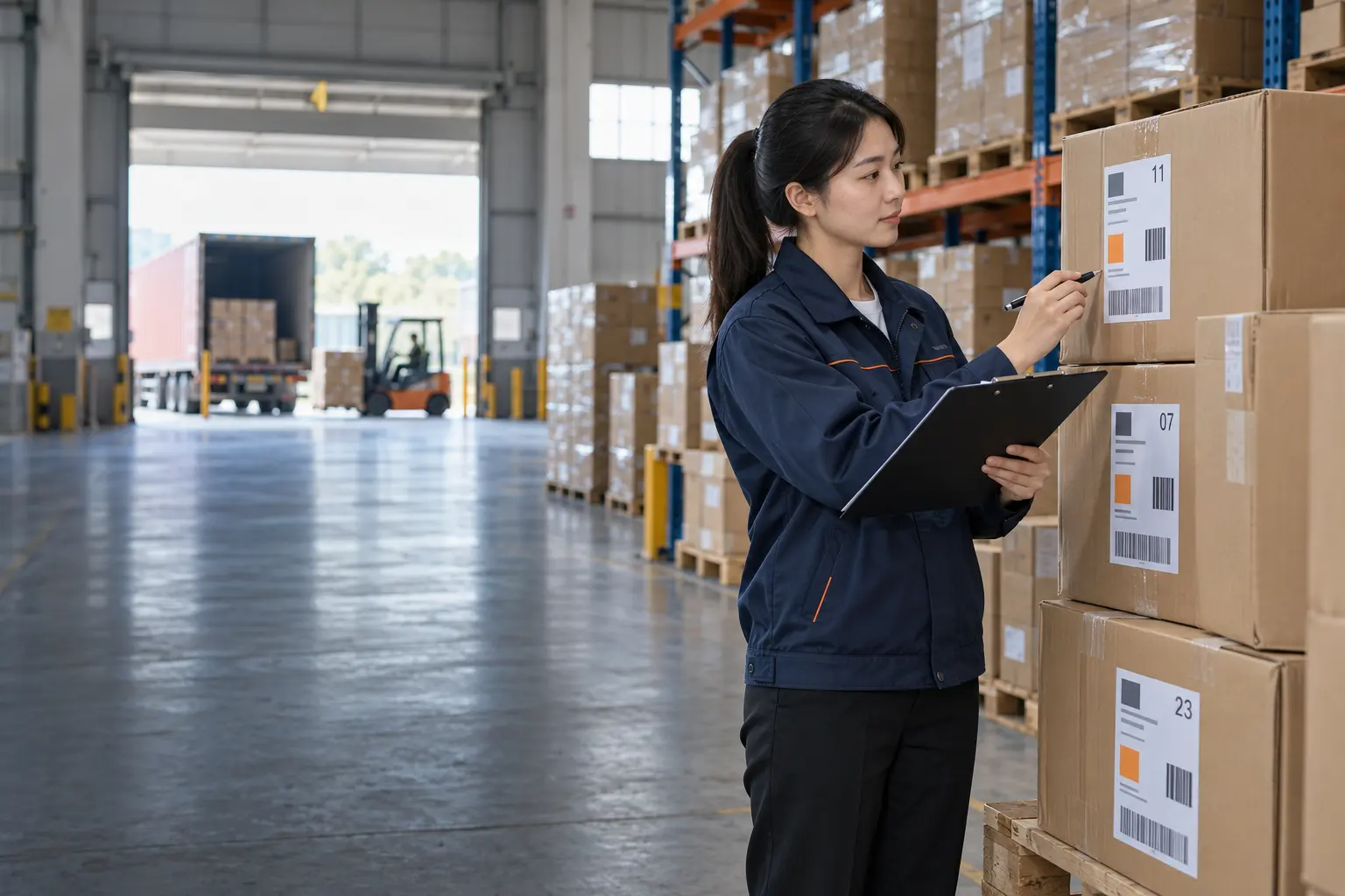 China warehouse coordinator checking shipping marks on export cartons