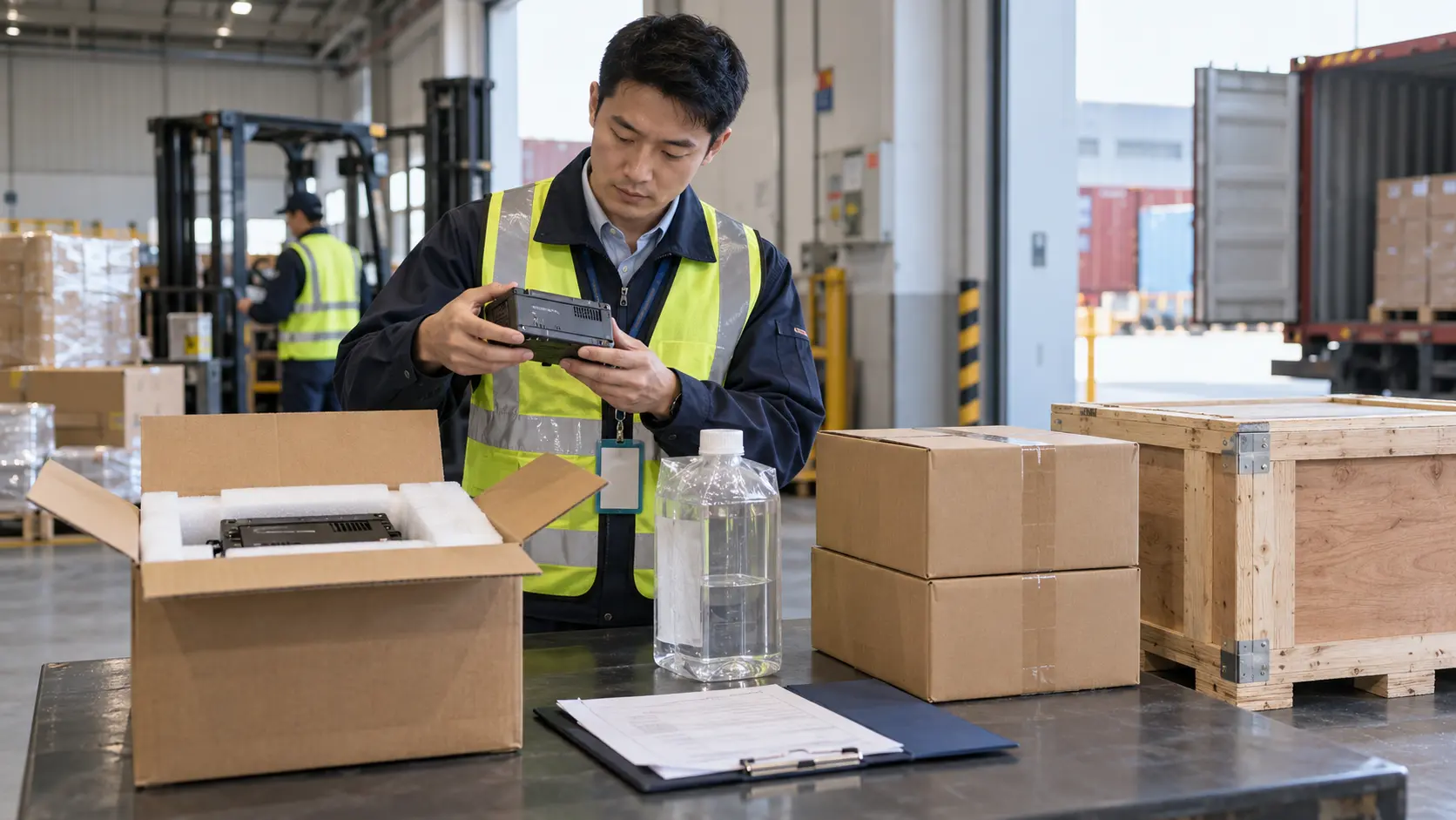 A logistics specialist reviewing batteries liquids wooden packaging and ordinary cartons