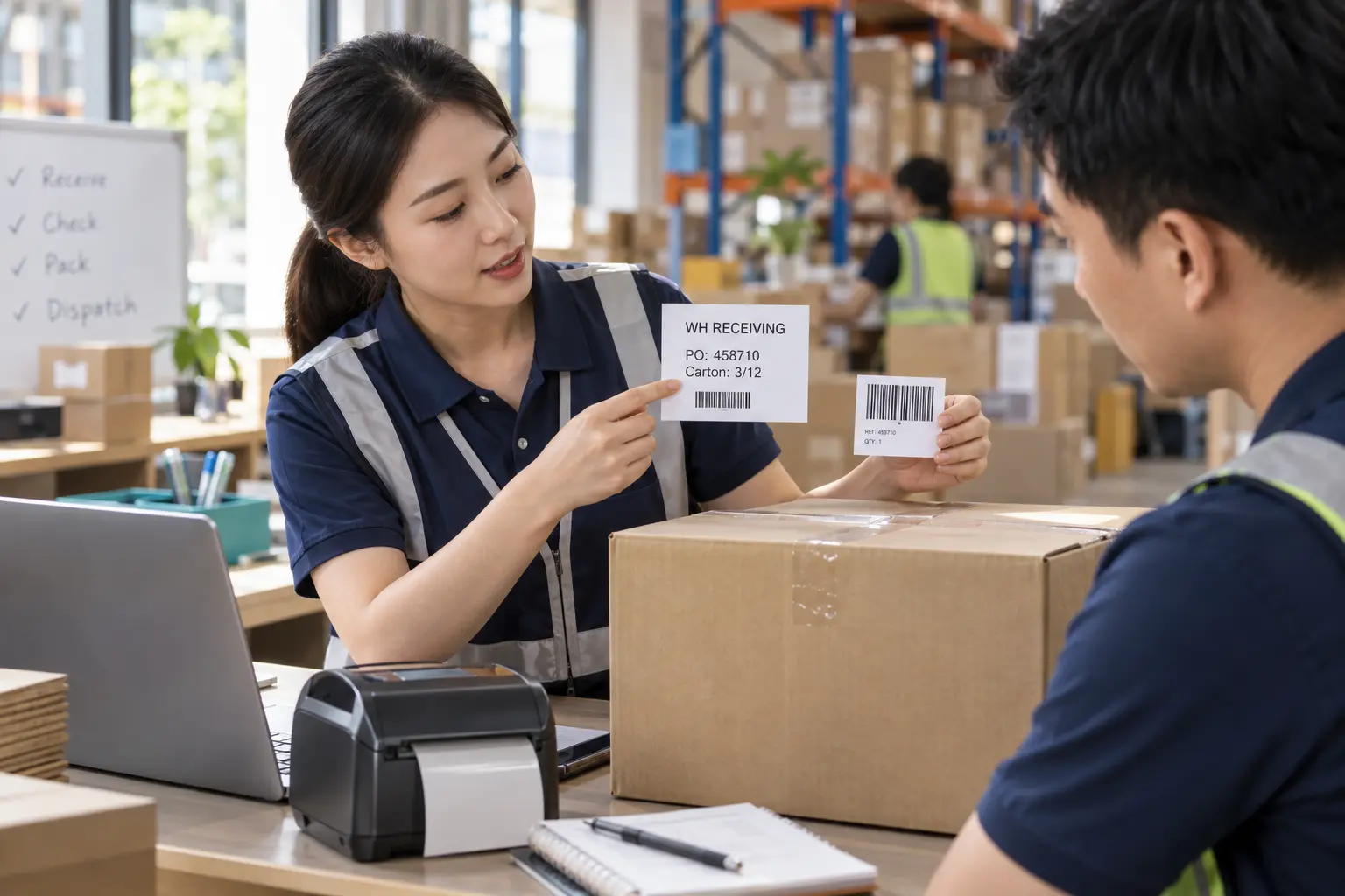 Logistics coordinator comparing a warehouse receiving mark with a separate transport barcode label