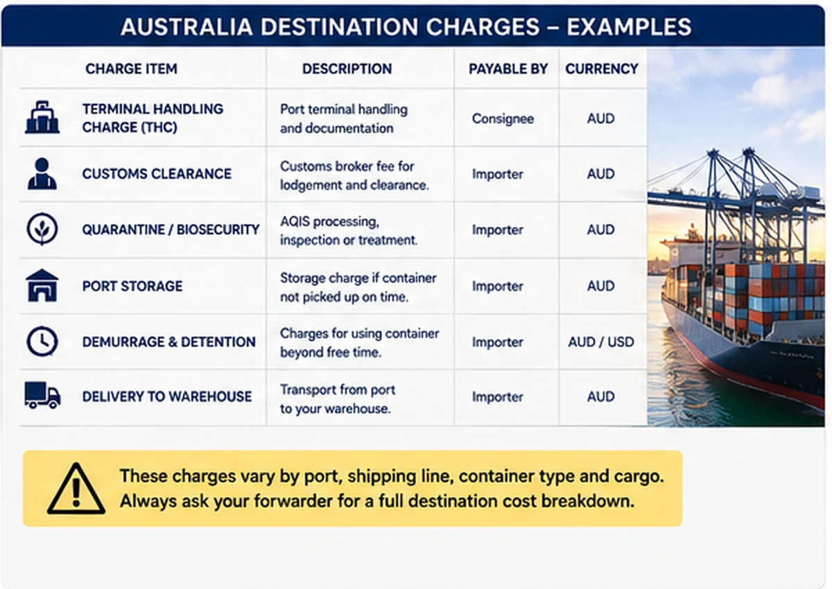 Examples of Australia destination charges for China imports