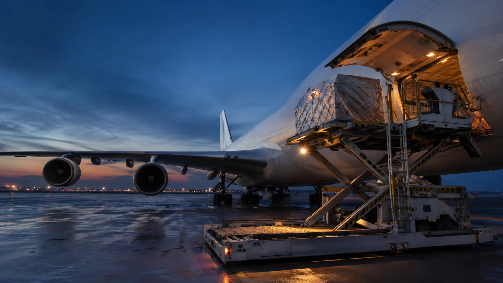 Cargo aircraft with a pallet loader on the apron