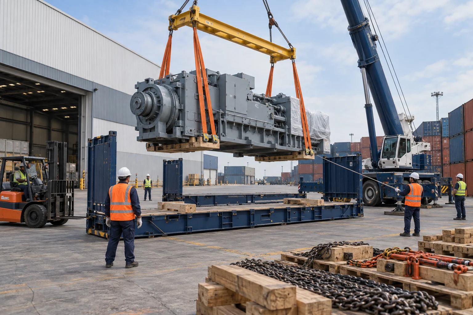 Oversized industrial machinery being lifted safely onto a flat-rack container