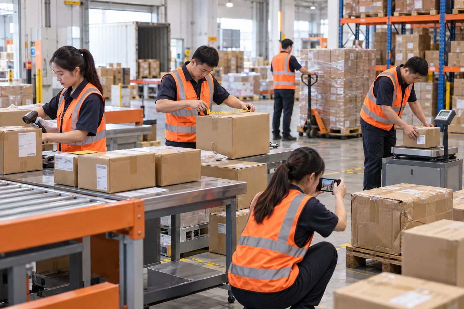 Small cartons being measured, weighed, photographed and palletized at a China consolidation warehouse