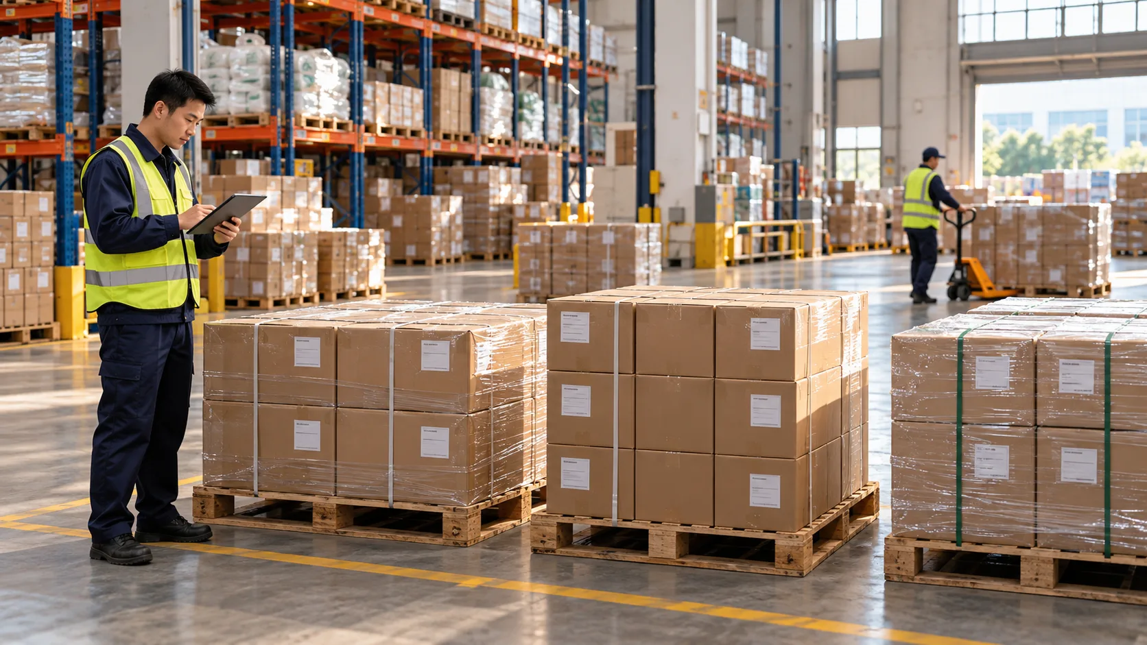 A logistics coordinator reviewing separate supplier cargo batches in an organized consolidation warehouse