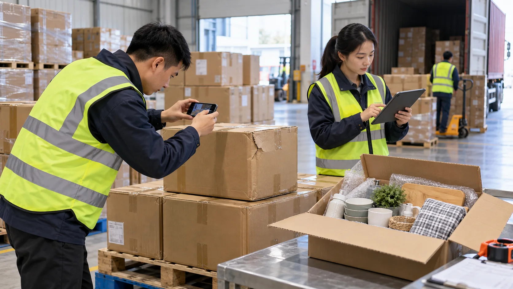 Logistics staff checking carton quantities and photographing packaging at a China consolidation warehouse