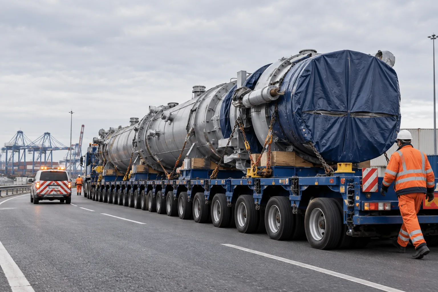 Oversized industrial equipment secured on a multi-axle lowbed trailer