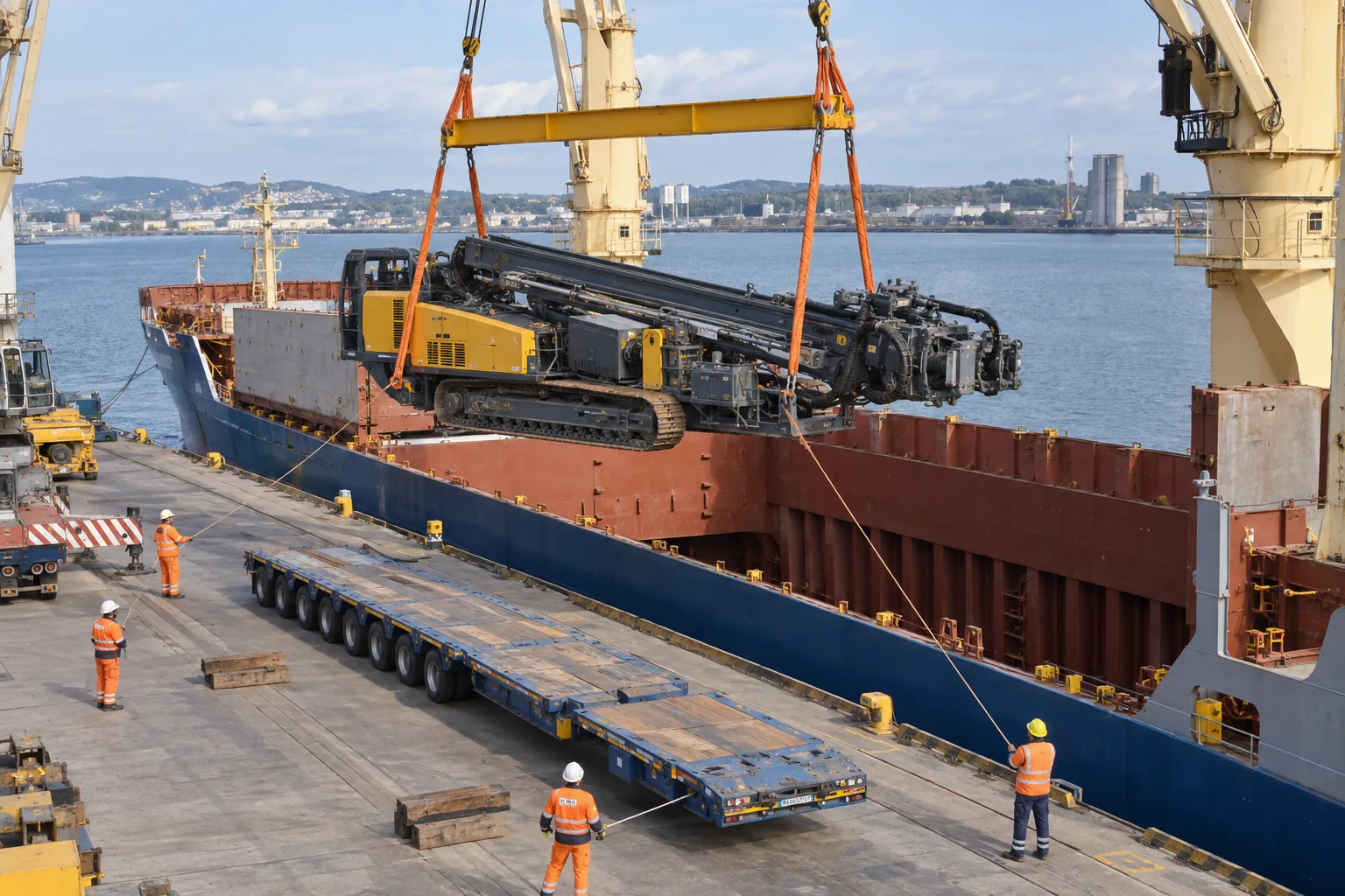 Heavy HDD drilling rig lifted into a breakbulk vessel cargo hold
