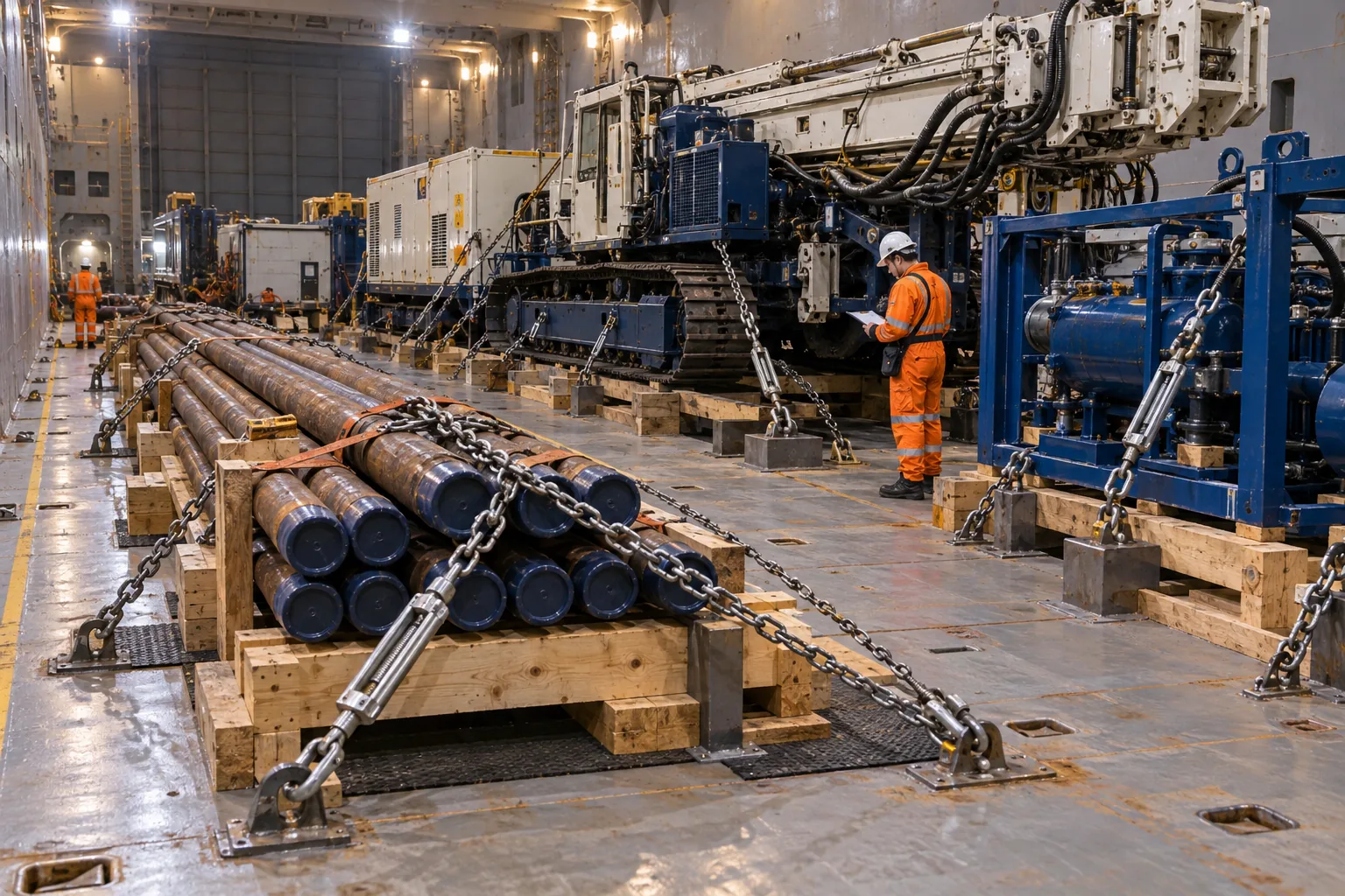 HDD machinery and drill rods secured inside a breakbulk vessel