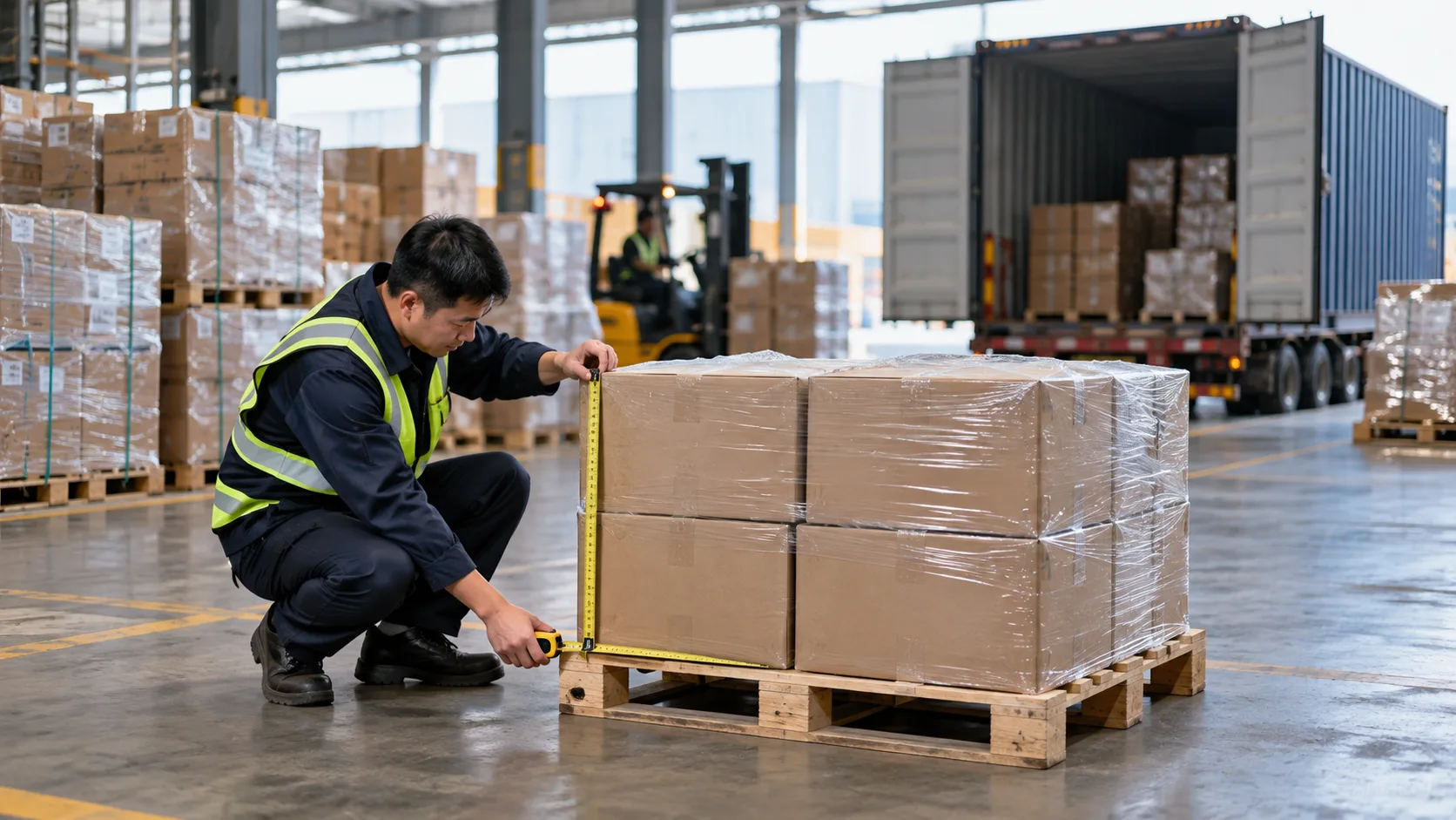 A warehouse worker measuring a small pallet of cartons before LCL consolidation in China