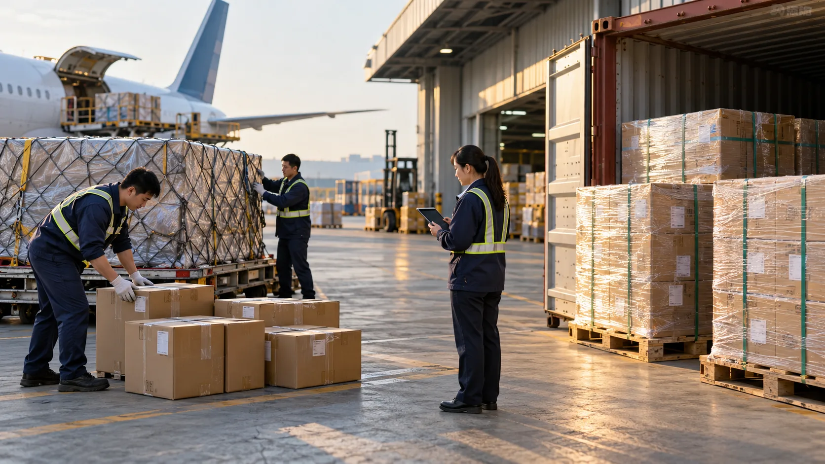 A logistics coordinator checking separate small and large cargo groups for air and sea dispatch in a warehouse