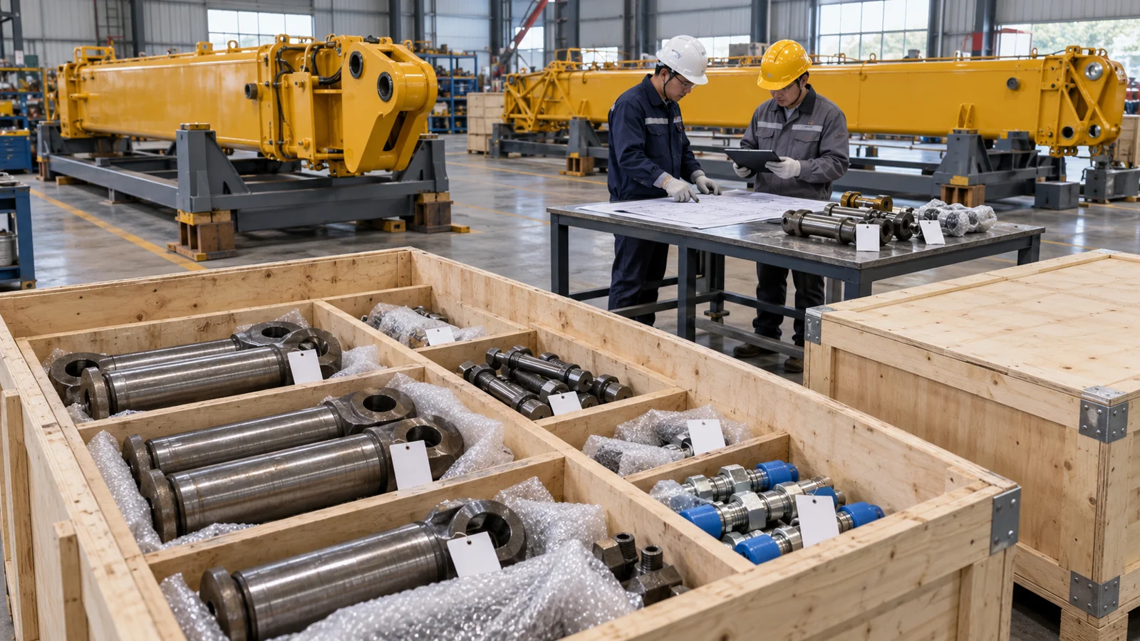 Technicians matching a component drawing to individually identified crane parts and protective export packing