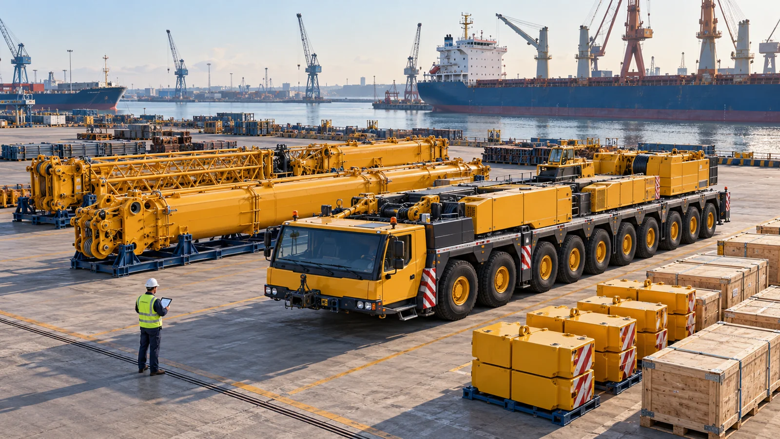 Oversized mobile crane equipment, detached boom sections and packed accessories staged in an illustrative export port yard