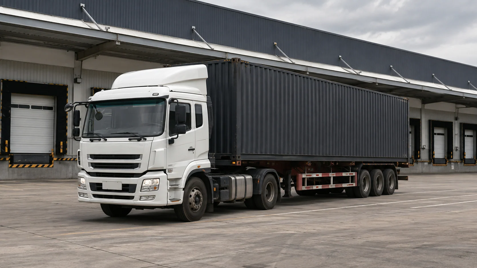Container truck beside warehouse loading bays