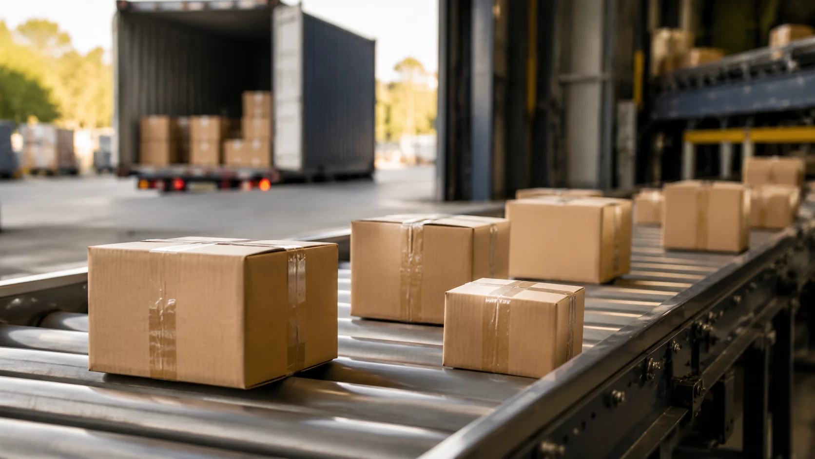 Sealed parcels on a roller conveyor before international dispatch
