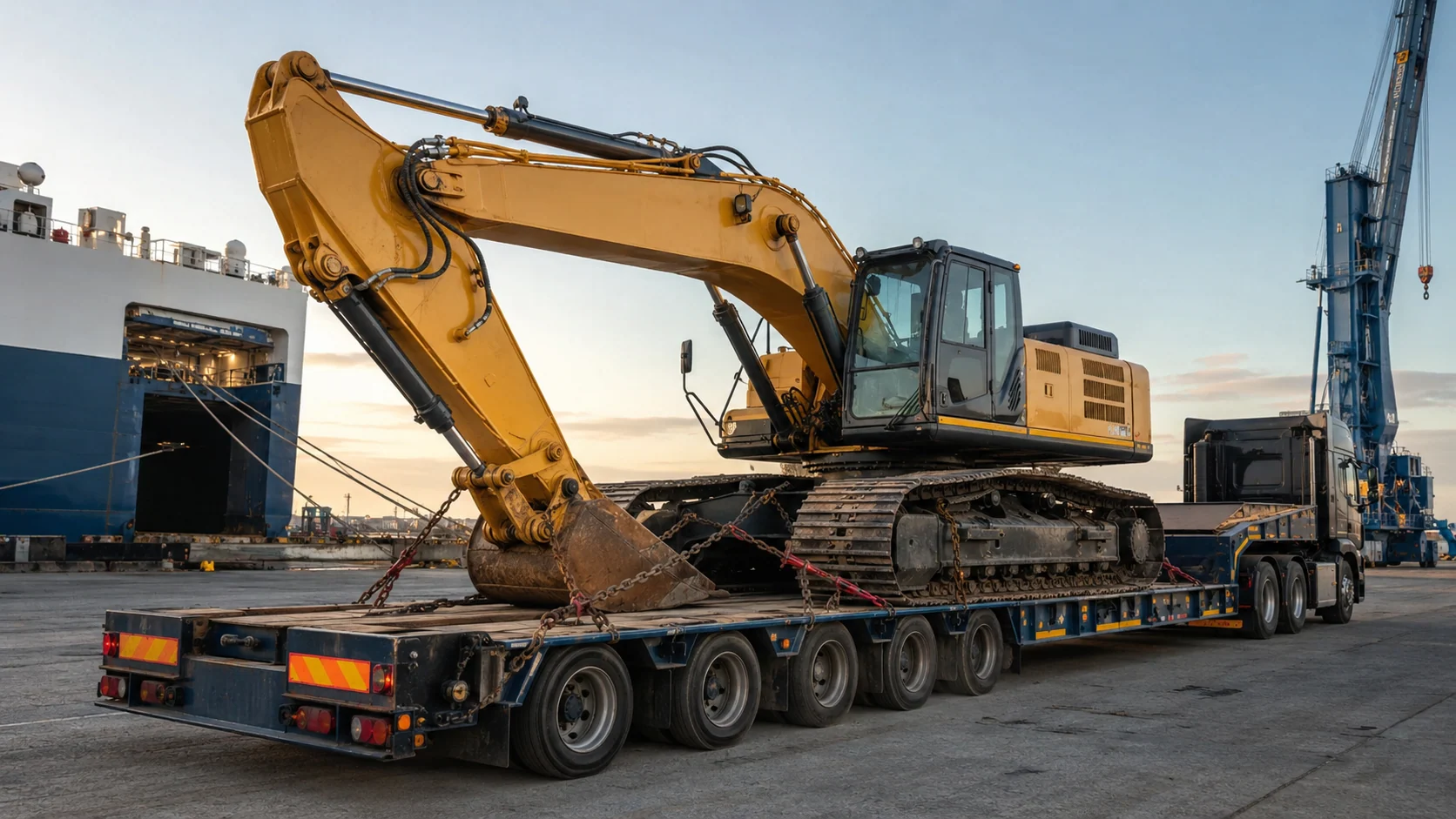 Heavy machinery secured for specialist port transport