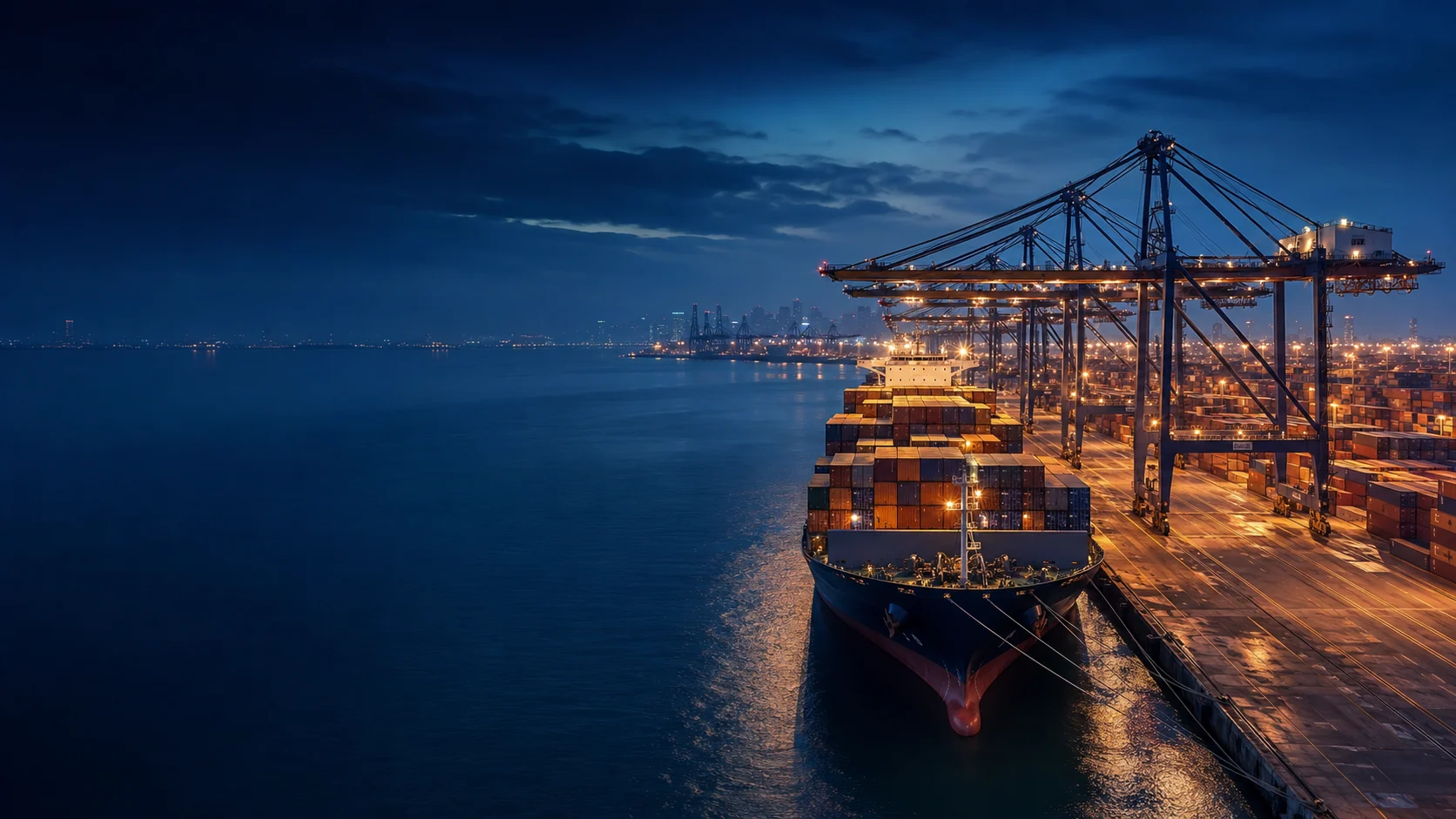 Container vessel and cranes at an international seaport