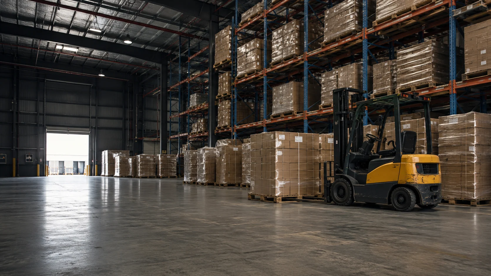 Palletised cargo and a forklift in a logistics warehouse